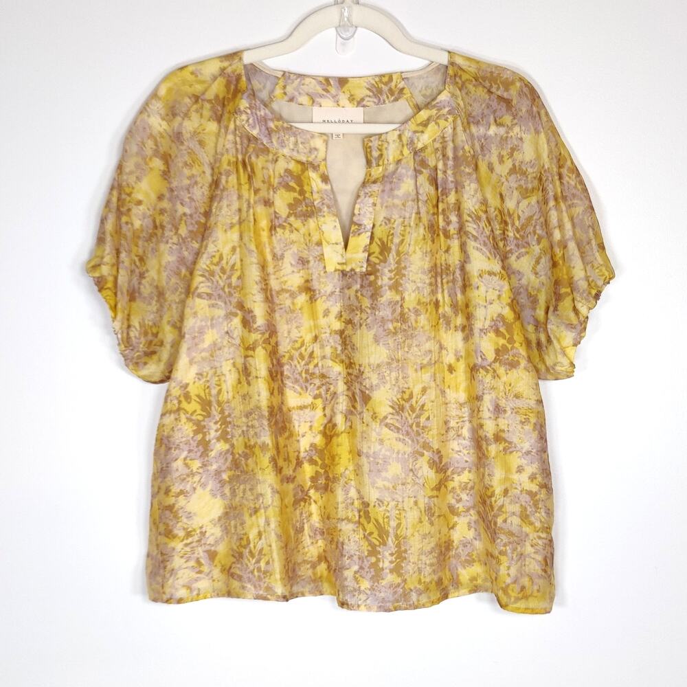 Floral Romantic Tencel Blouse Puff‎ Sleeve Yellow Size M Lyocell Quiet Luxury